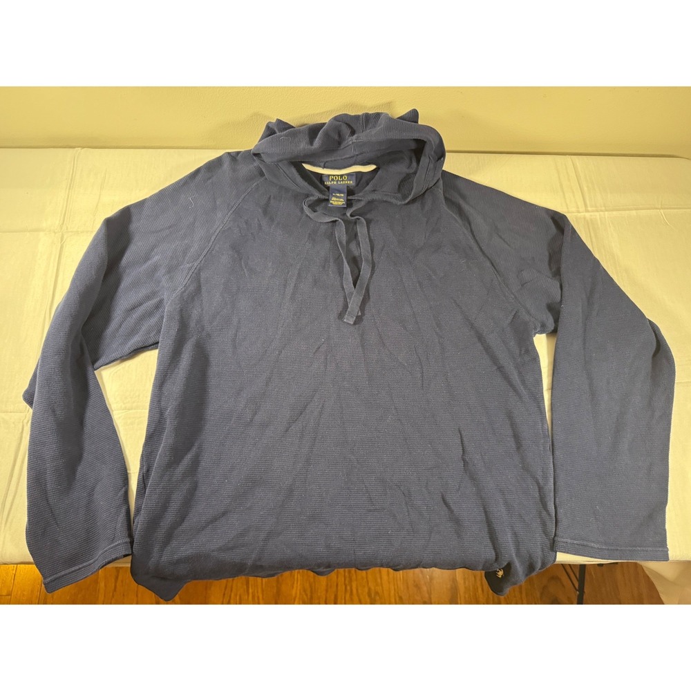 Polo Ralph Lauren Mens XL Navy Blue Waffle Knit Thermal Hoodie Raglan Sleeve